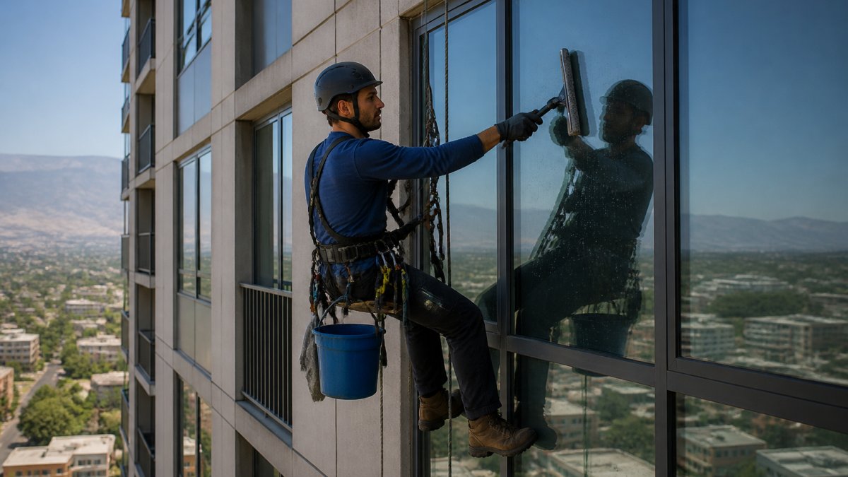 A professional window cleaning technician in full safety gear suspended on a rope access rig, cleaning exterior glass on a high-rise apartment tower, clean windows reflecting a bright sky