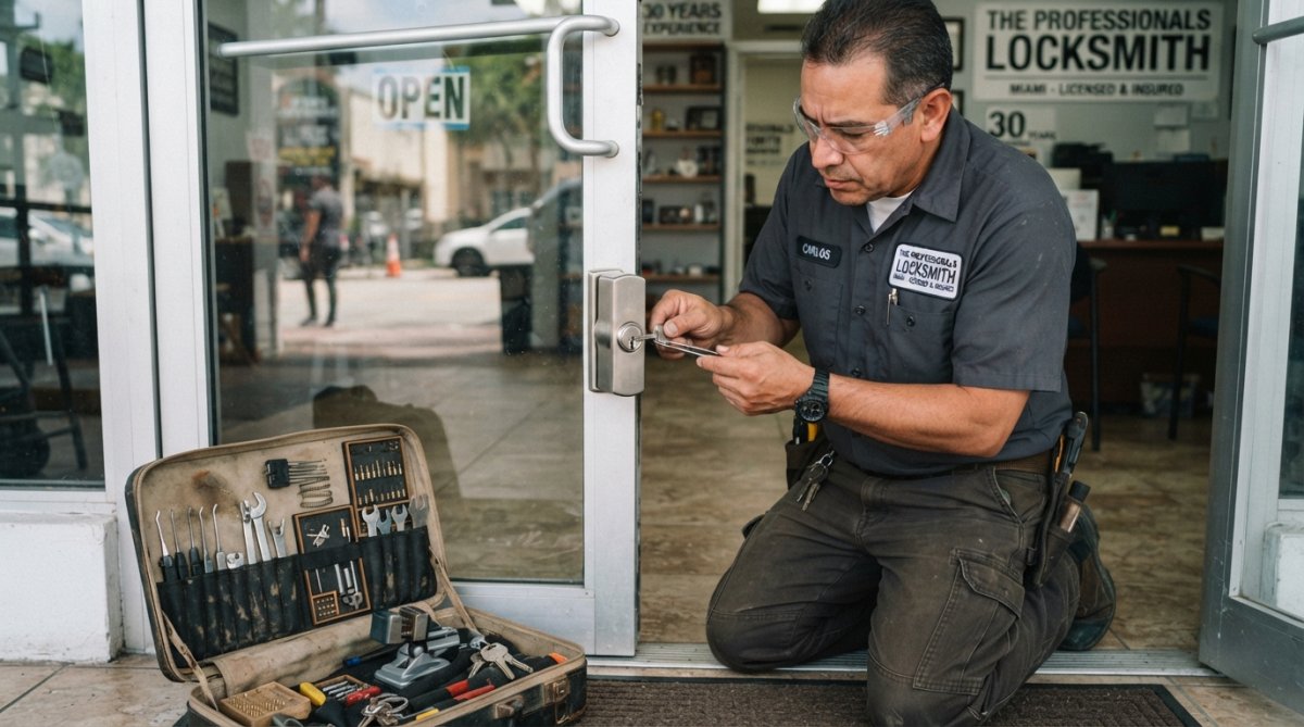 Licensed locksmith rekeying commercial locks on a glass entry door with his tools nearby