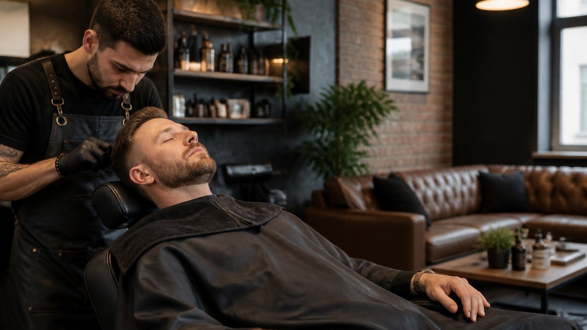 Man relaxing in comfortable barber chair in modern, laidback grooming studio with warm lighting and welcoming atmosphere