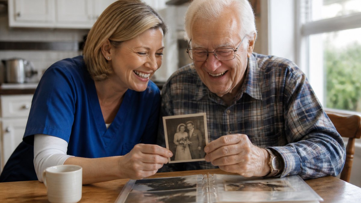 A carer and an older man laughing together over a worn black-and-white wedding photograph on a kitchen table, afternoon light through a window