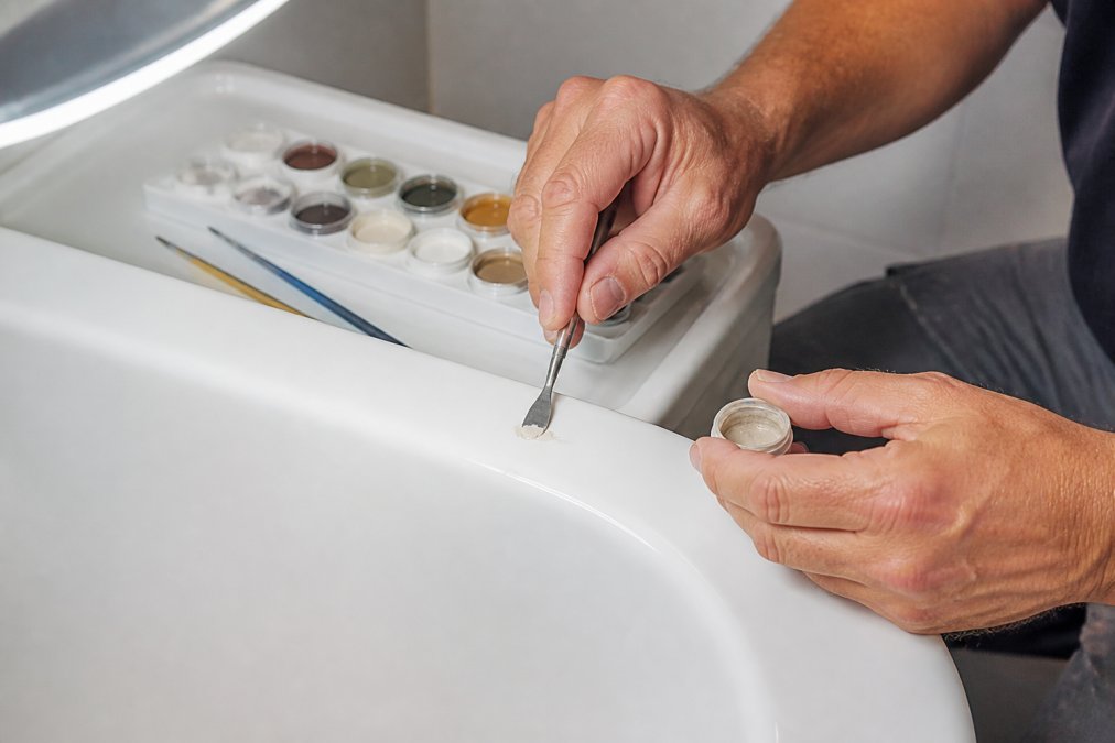 Close-up of a technician's hands applying specialist filler to a chipped enamel bath, colour-matching tools and a small mixing palette visible beside the repair area under bright work lighting