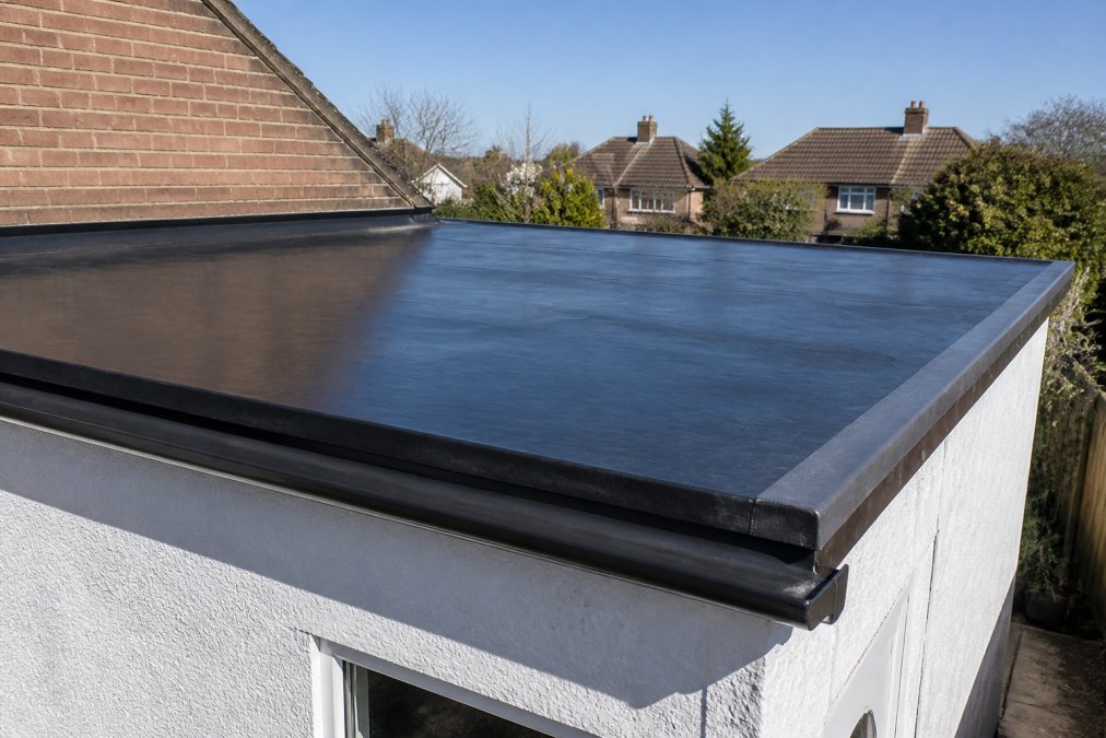 Infographic diagram illustrating the durability benefits of replacing a flat roof with EPDM rubber membrane