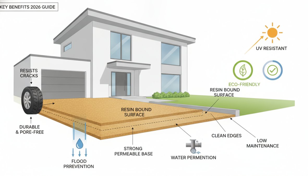Illustration showing the benefits of benefits of resin bound driveways