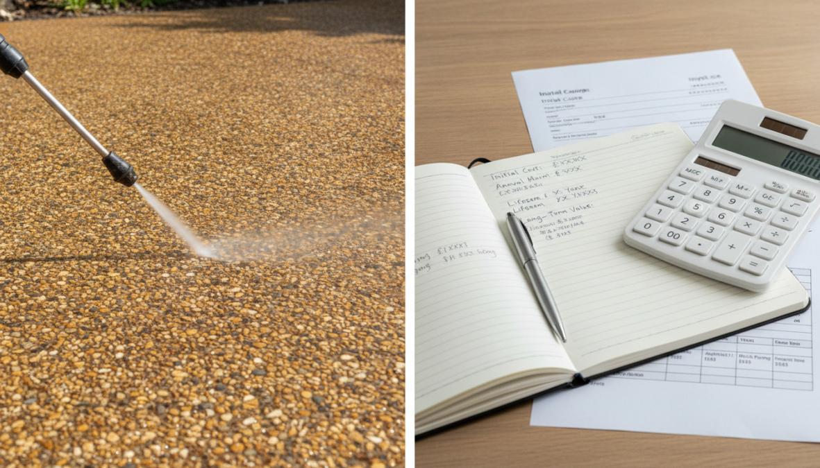 A close-up of a resin bound driveway surface being cleaned with a domestic pressure washer, showing the porous aggregate texture in warm stone tones, no visible weeds or cracks, with water beading and draining through the surface under bright afternoon light
