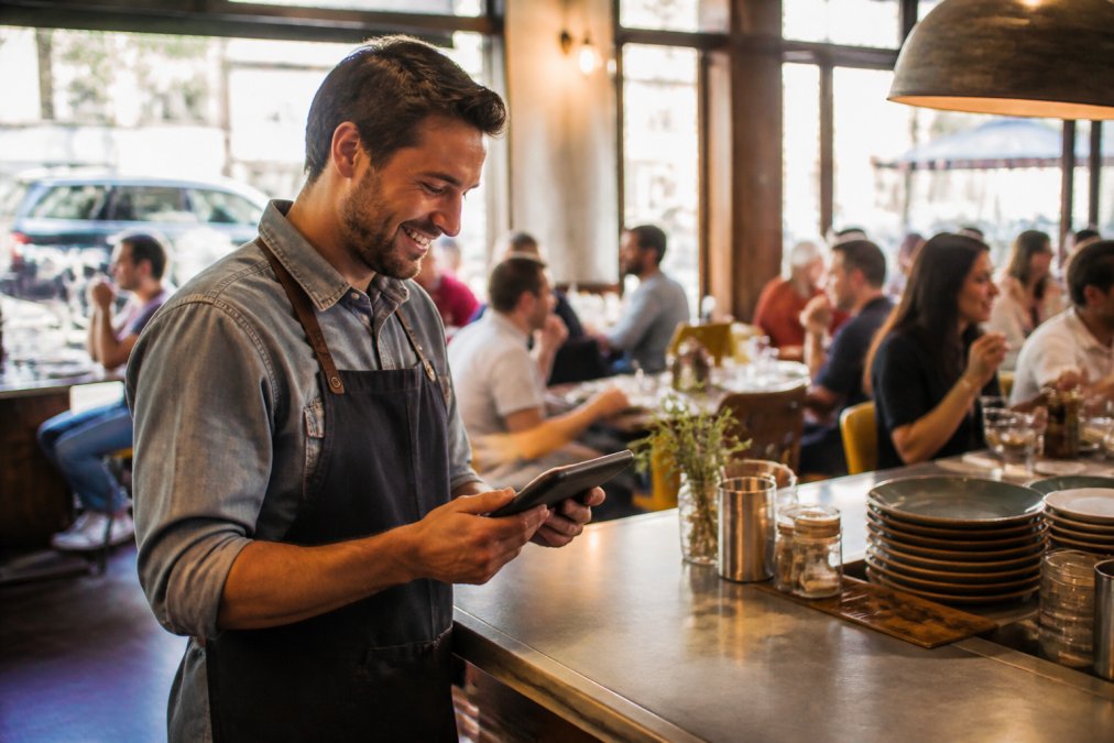A restaurant owner in an apron smiling while reviewing a tablet showing customer visit totals at the counter of a busy local eatery, warm evening light through the front windows