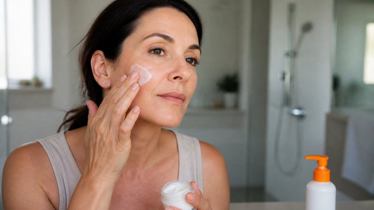 Close-up of a woman in her forties applying a pea-sized amount of retinol cream to her cheek in a softly lit bathroom, with a sunscreen bottle visible on the counter