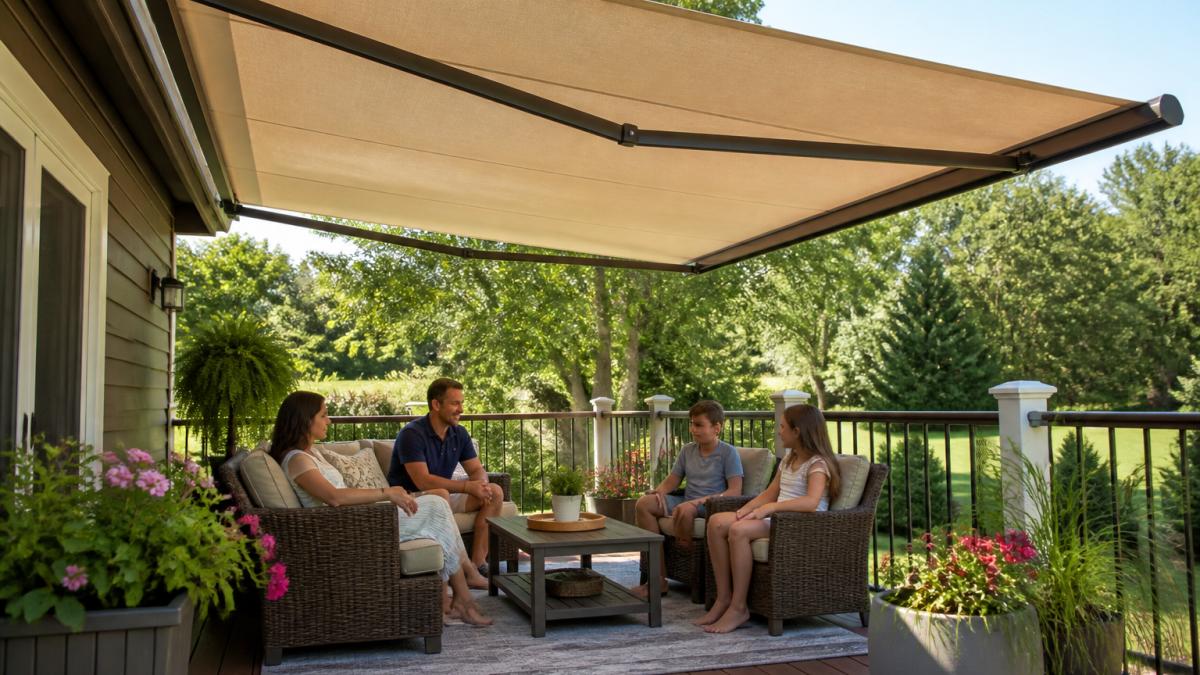 A family relaxing on a shaded backyard deck under an extended retractable awning on a sunny day, with outdoor furniture and potted plants visible