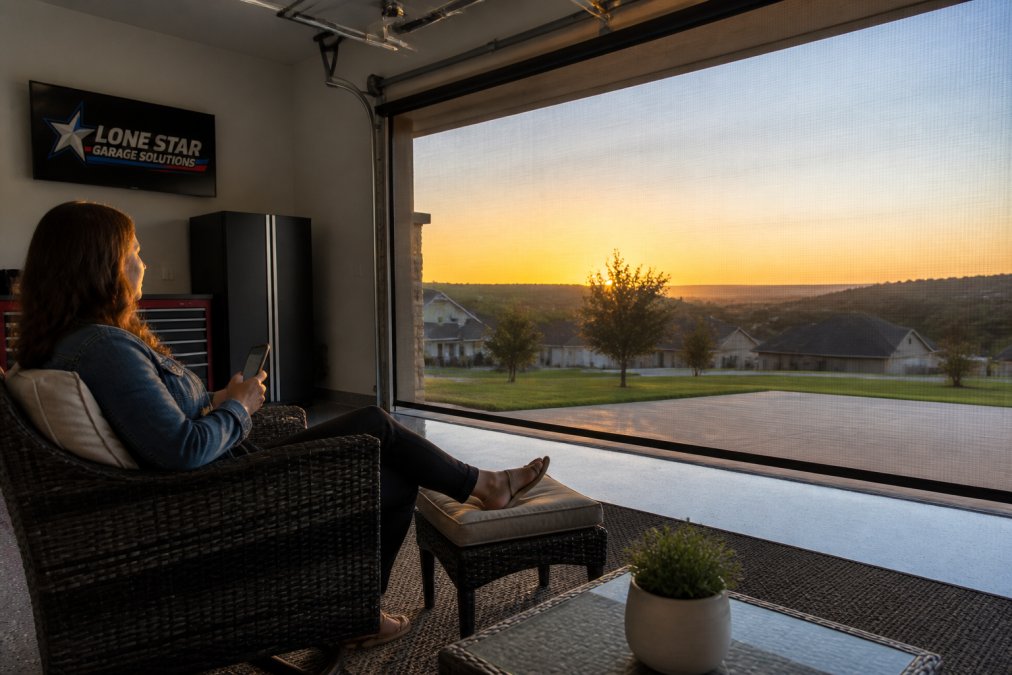 Homeowner relaxing in a screened garage space during evening with natural light streaming through the retractable mesh screen, showing open main garage door in background