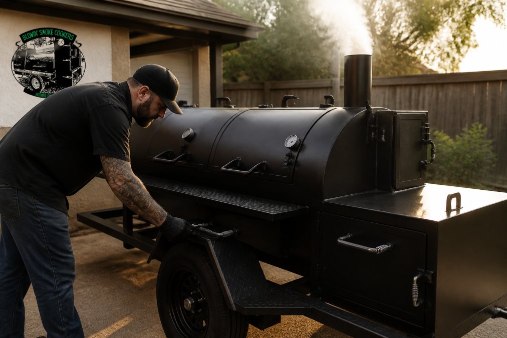 Pitmaster checks the firebox of a reverse flow smoker, highlighting the benefits of reverse flow bbq smokers.