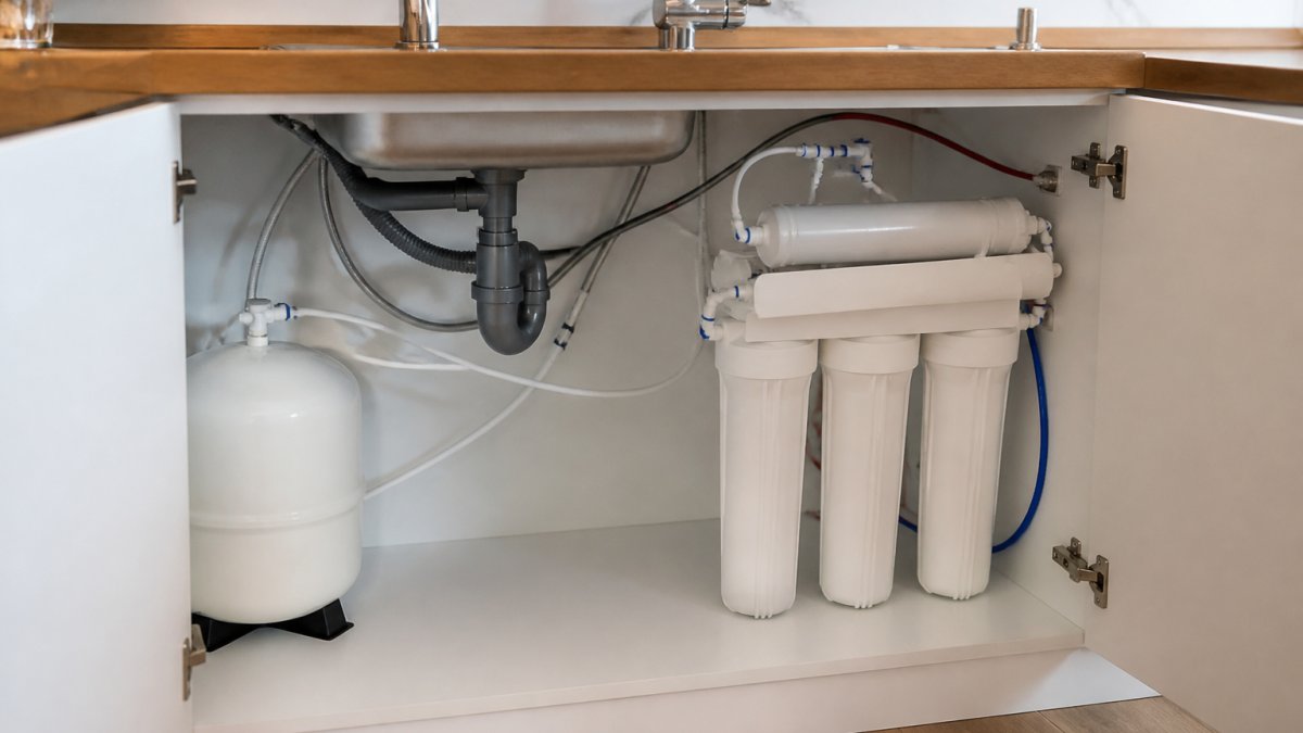 Close-up of a reverse osmosis system installed under a kitchen sink with visible filtration stages, semipermeable membrane cartridge, and clear water flowing from the faucet