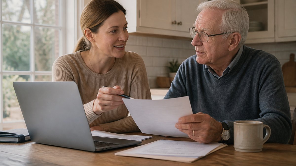 An adult daughter and her elderly father sitting together at a kitchen table reviewing documents and a laptop, warm natural light, both engaged in conversation