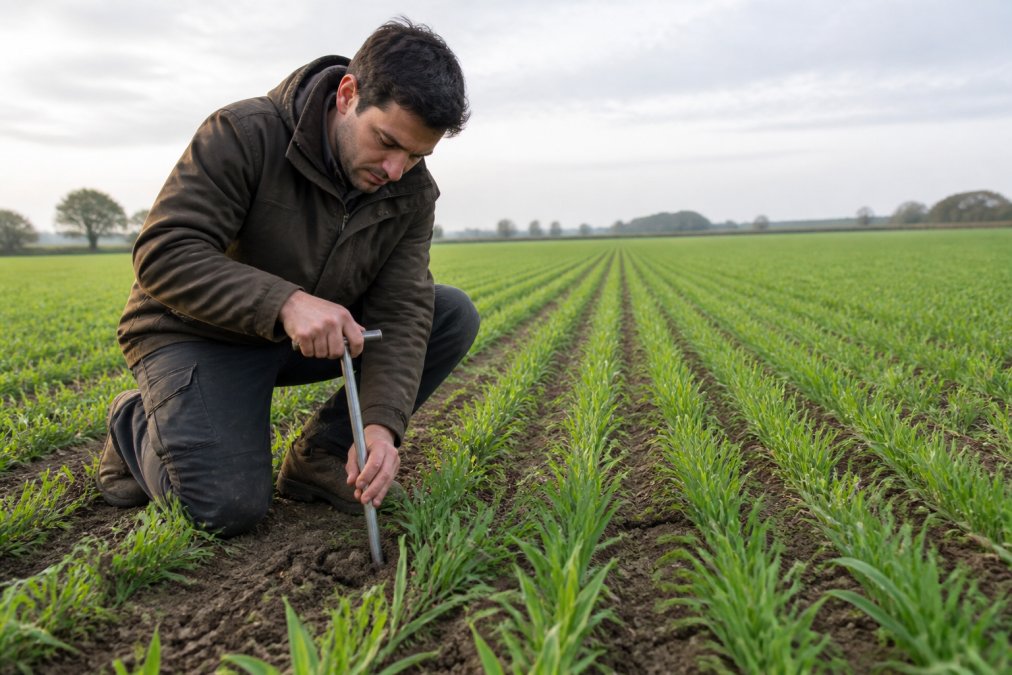 An agronomist crouching in a field of winter wheat, taking a soil sample with a corer tool, with rows of green crop stretching into the background under overcast morning light