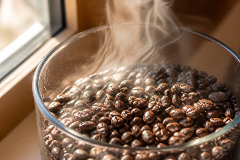 Close-up of freshly roasted coffee beans in a clear glass container, showing visible steam or vapor rising from the beans, with morning light streaming across the surface