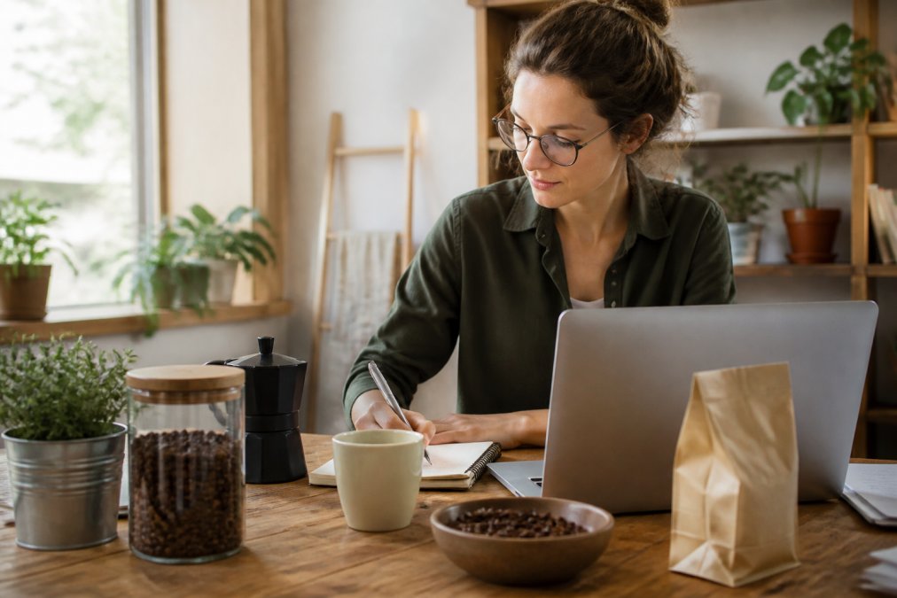 A remote worker at home with a steaming cup of coffee beside a laptop, surrounded by natural light, showing a comfortable home office setup with coffee beans or a coffee package visible on the desk