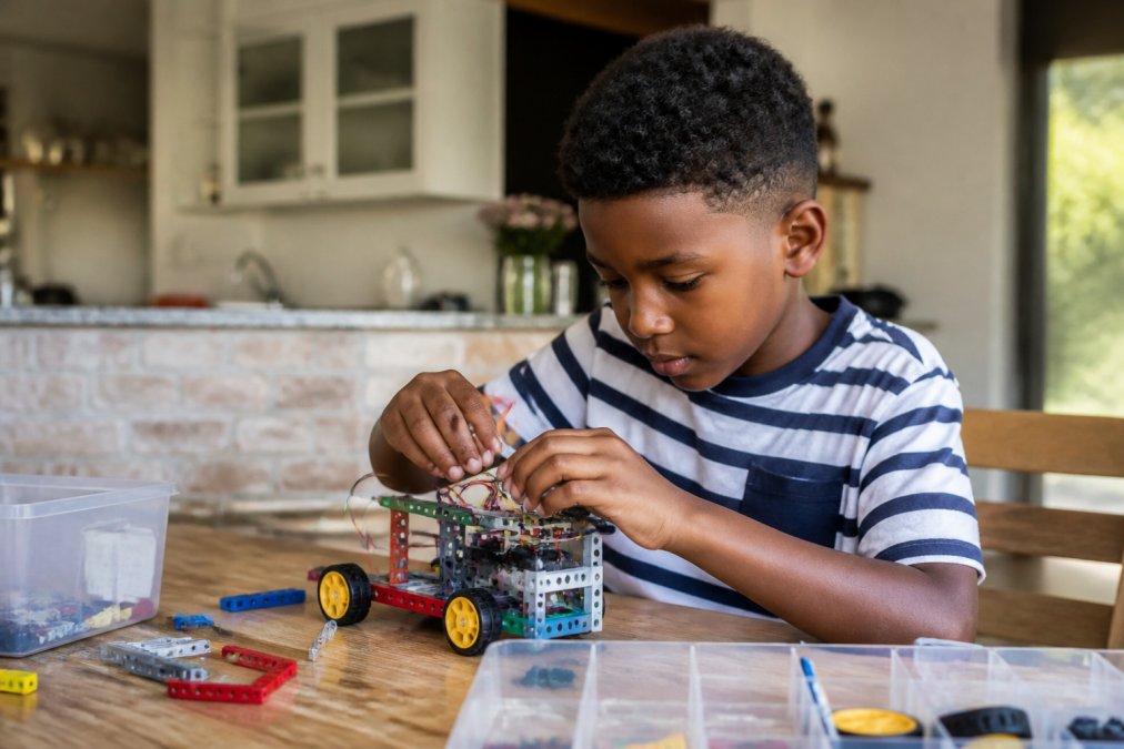 Diagram showing how robotics for child development fosters logical problem-solving steps through hands-on assembly.