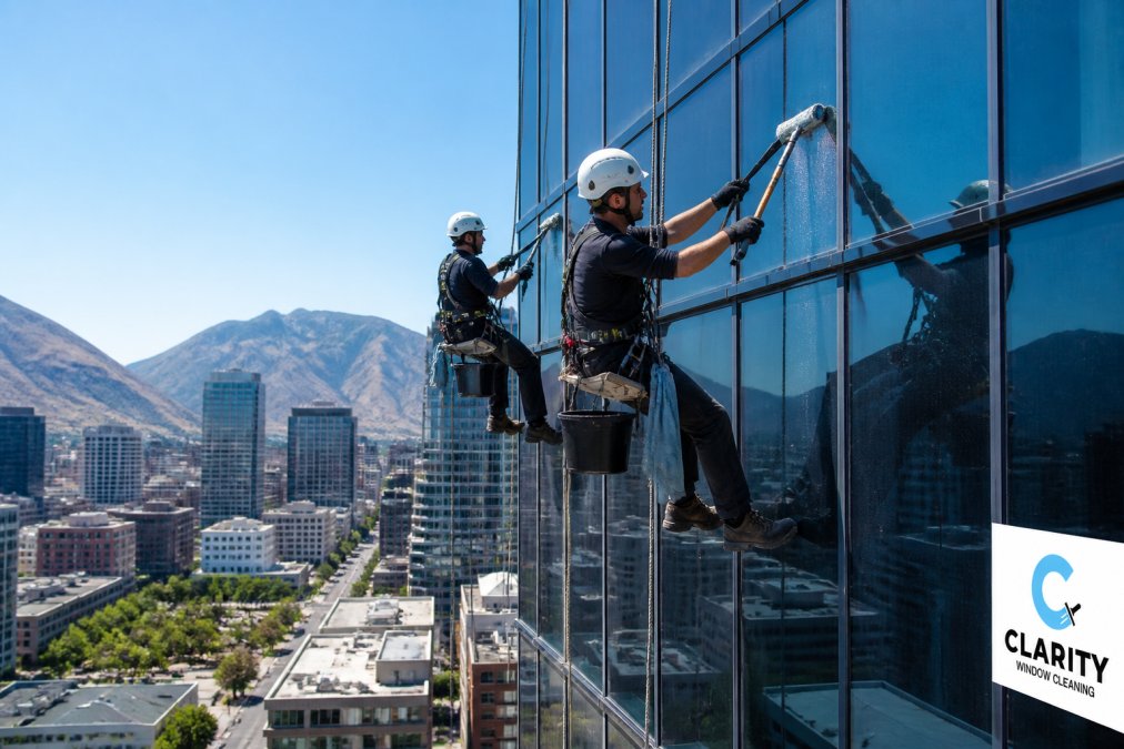 Two rope access technicians in safety harnesses and helmets suspended on ropes, cleaning the glass facade of a modern high-rise office tower, with a city skyline visible in the background