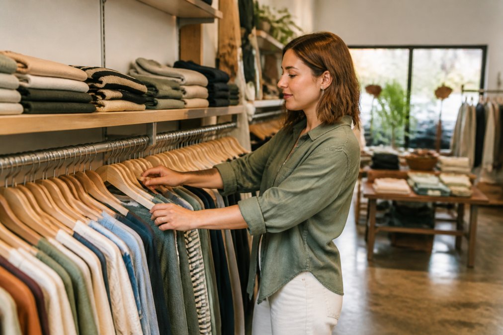 A shop owner arranging fresh clothing stock on a display rack, with neatly folded items and a clean, organized retail floor in the background