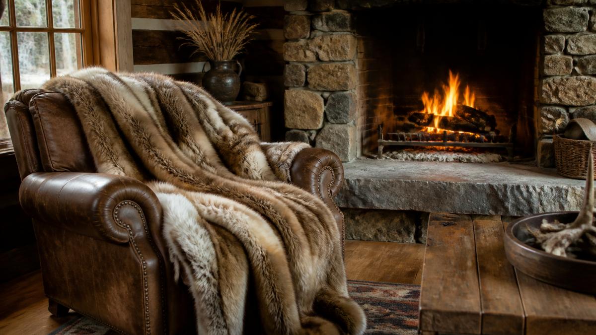 A natural rustic fur blanket draped over a leather armchair by a stone fireplace in a cozy living room.