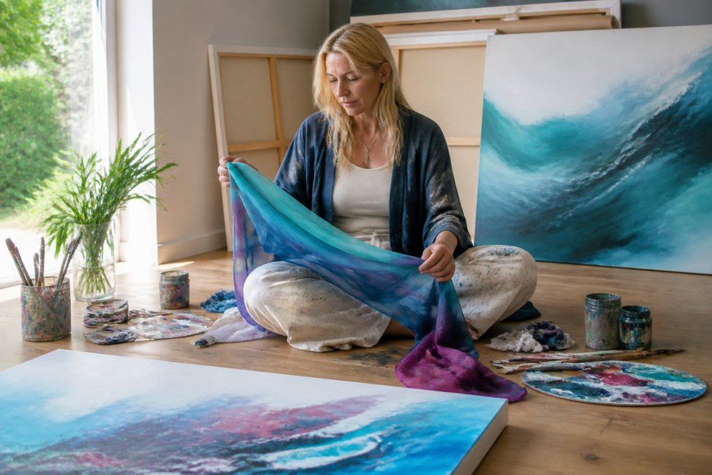 Person sitting in a sunlit room practicing sacred flow art with a fabric prop and painting supplies nearby