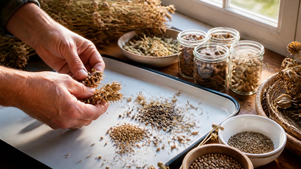 Hands holding freshly harvested seed pods over a clean drying surface with various dried seeds in small containers nearby, natural sunlight streaming through a window