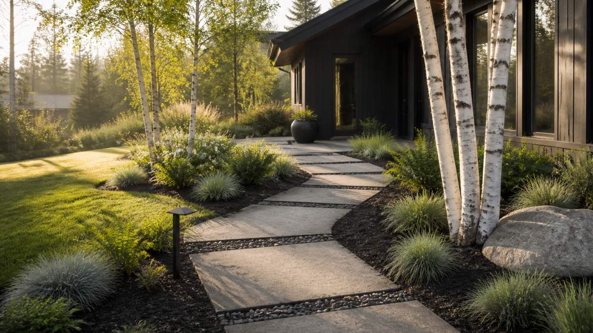 Serene residential front yard with minimalist Scandinavian design featuring clean stone pathways, native plantings, and birch trees creating natural focal points in soft morning light