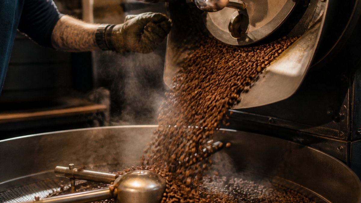 Close-up of freshly roasted coffee beans tumbling out of a drum roaster into a cooling tray, warm amber tones, steam rising, roaster's gloved hand visible in frame
