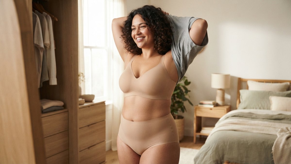 A confident plus-size woman in her 30s wearing a seamless nude bra and high-waist brief, smiling while getting dressed in a bright bedroom, soft natural light highlighting the smooth fabric against her skin