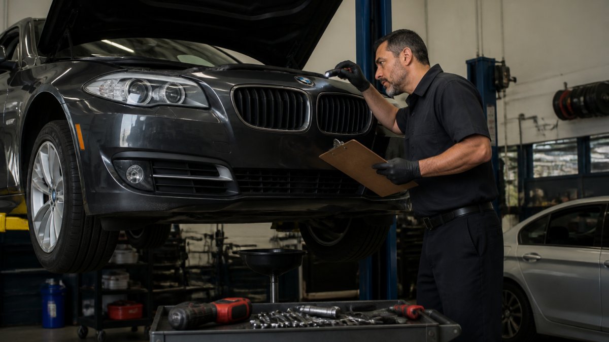 Mechanic with a flashlight and clipboard inspecting a car engine in a professional repair shop