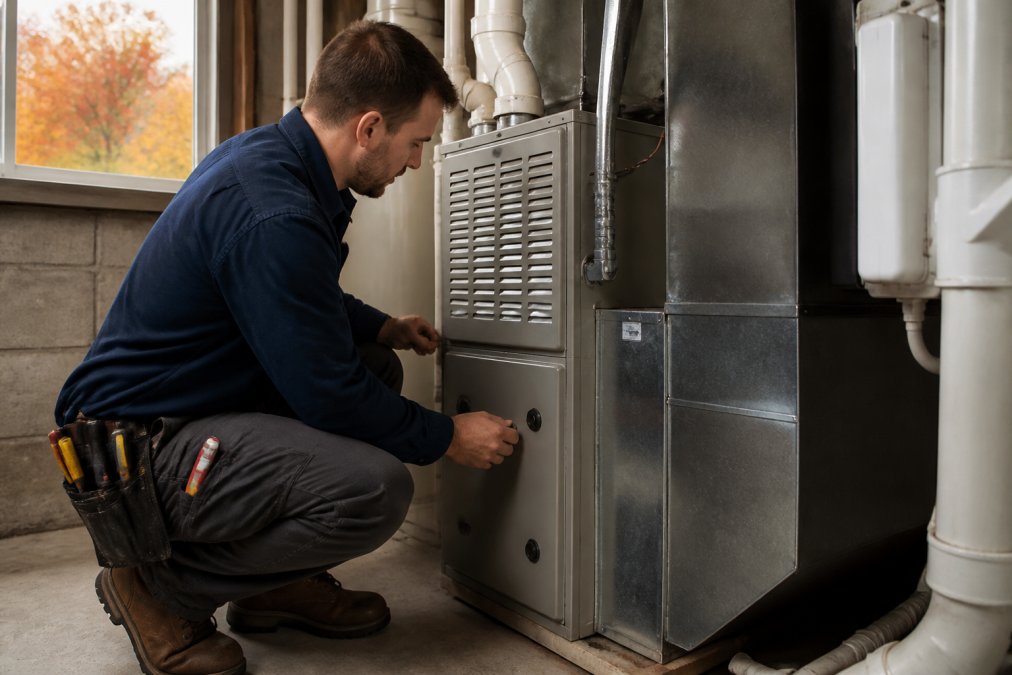Professional homeowner in work clothes checking an HVAC unit in a well-lit basement utility room, with fall foliage visible through a small window