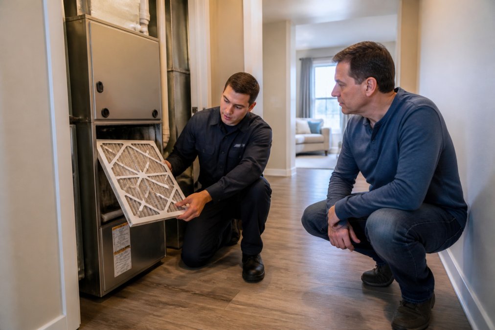 A uniformed technician in a bright, modern home checking the air filter of an HVAC unit while a homeowner watches and asks questions