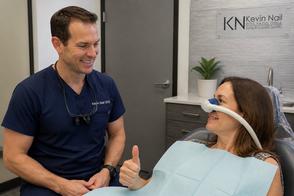 Calm patient receiving nitrous oxide sedation dentistry with a thumbs up in a modern clinic