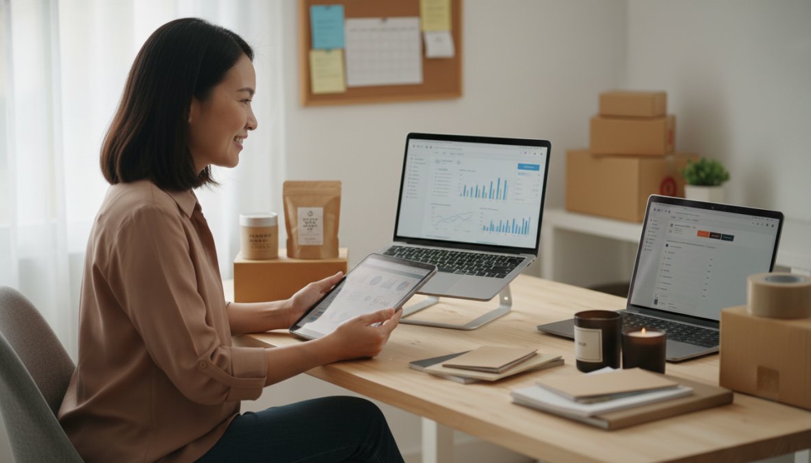 A small business owner smiling while reviewing sales dashboards on a laptop and tablet simultaneously, sitting at a tidy home office desk with handmade ceramic product packaging stacked neatly nearby, warm natural light coming through a window