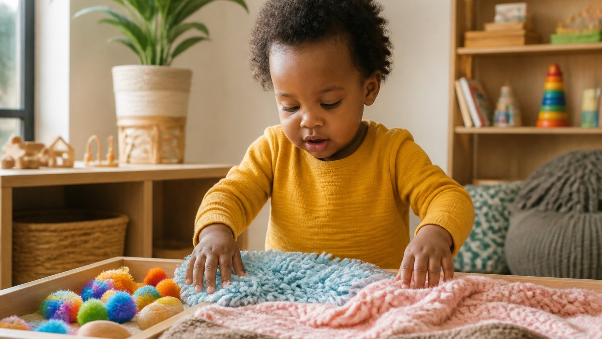 Young toddler exploring textured materials with hands, touching soft fabric and colourful sensory objects in bright natural daylight, concentrating intently on tactile sensations