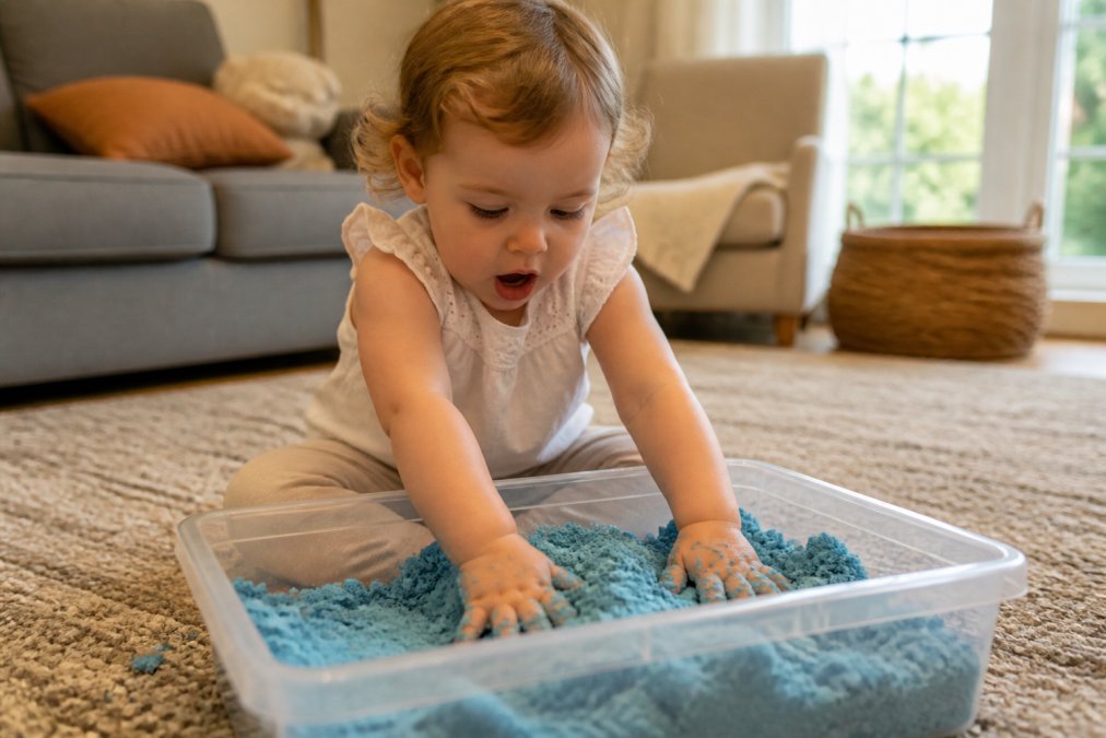 A toddler sitting on a living room rug pressing both hands into a bin of blue kinetic sand, mouth open in concentration, soft afternoon light through a window behind them