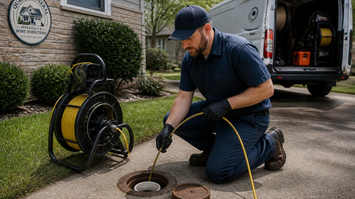 Professional inspector inserting a sewer camera probe into a cleanout opening, with inspection equipment and vehicle visible in background
