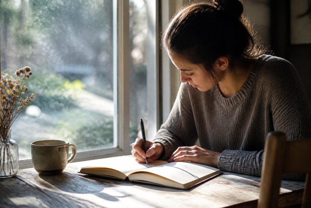 A person writing in a journal with a warm cup of tea nearby, sitting by a window with soft natural light streaming in, showing a moment of quiet reflection and emotional introspection