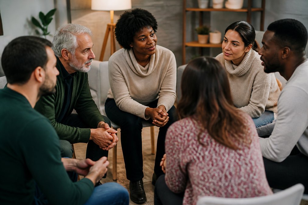 A diverse group of people sitting in a circle during a support group meeting, leaning forward with open body language, listening intently to one another with compassionate expressions in warm, soft lighting
