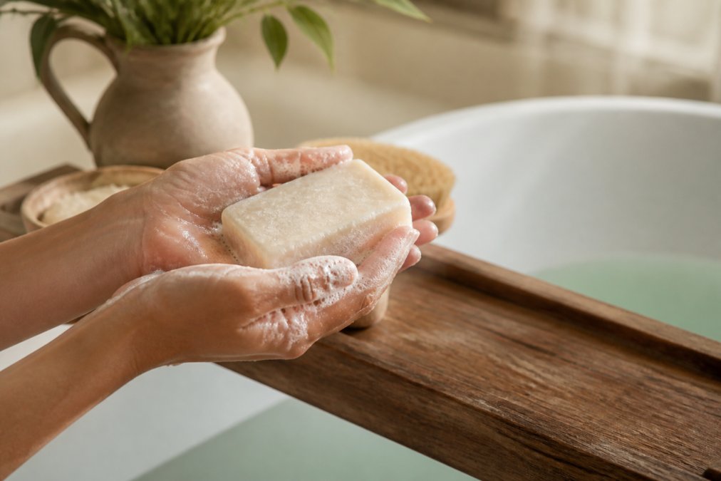 Close-up of hands holding a cream-colored bar of shea butter soap with rich lather, resting on a rustic wooden bath tray in soft natural light
