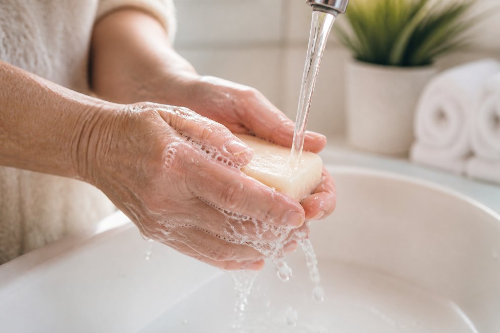 Close-up of a woman with dry, scaly skin on her hands gently lathering a creamy shea butter soap bar under warm running water in a bright bathroom