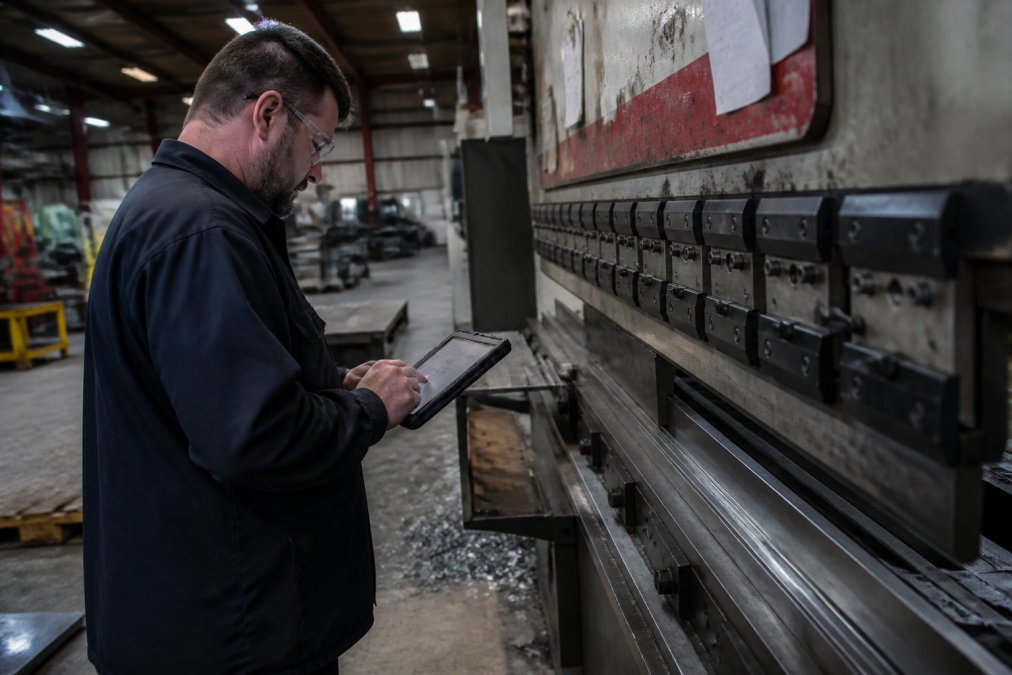 A machinist in safety glasses reviewing production data on a rugged tablet beside a running press brake, metal shavings on the floor and overhead shop lighting