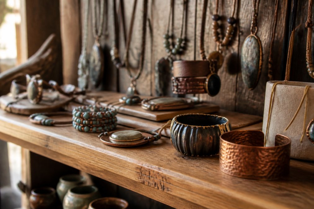 Close-up of artisanal handcrafted jewelry and accessories displayed on wooden shelf, showcasing distinctive design details, unique textures, and small-batch production quality in natural light