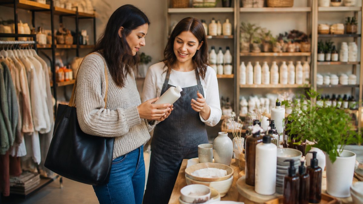 Customer browsing curated home and wellness products in modern retail space while knowledgeable staff member assists with personalized product recommendations