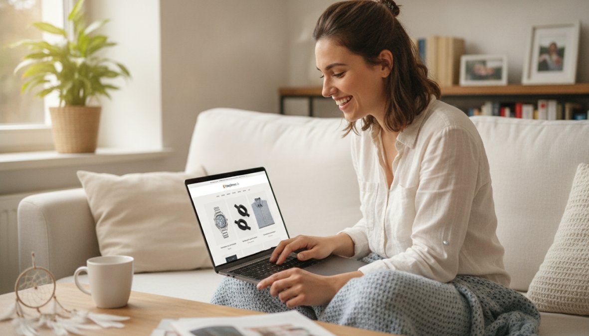 Customer smiling while browsing curated products on a laptop in a comfortable home setting, natural lighting streaming through windows, relaxed posture indicating confidence in the shopping experience