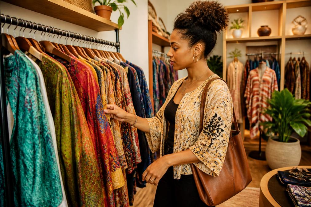 A confident woman in a well-lit, intimate boutique setting browsing a curated rack of bold, colorful fashion pieces, with warm ambient lighting and artisan-crafted decor visible in the background