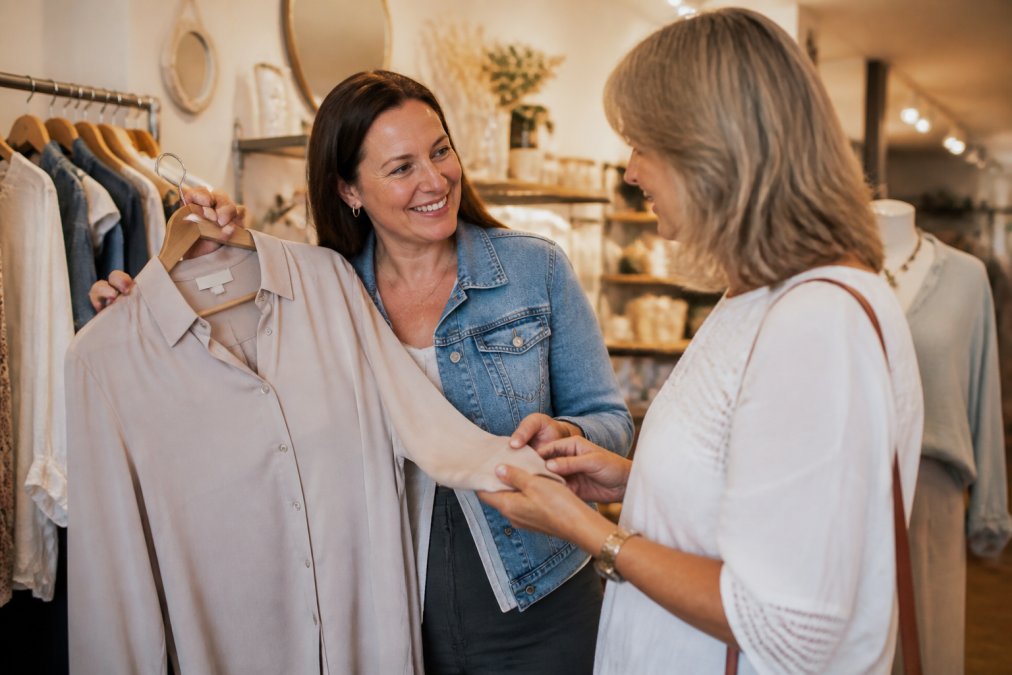 Boutique owner smiling warmly while helping a customer select a blouse from the rack, both examining the fabric closely in a well-lit, welcoming store with soft lighting and tastefully arranged clothing displays