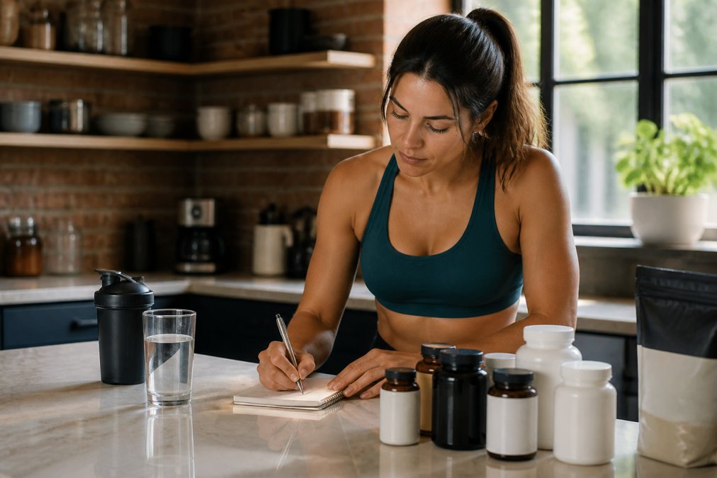 A checklist and wellness products on a kitchen counter illustrating a simple daily holistic routine