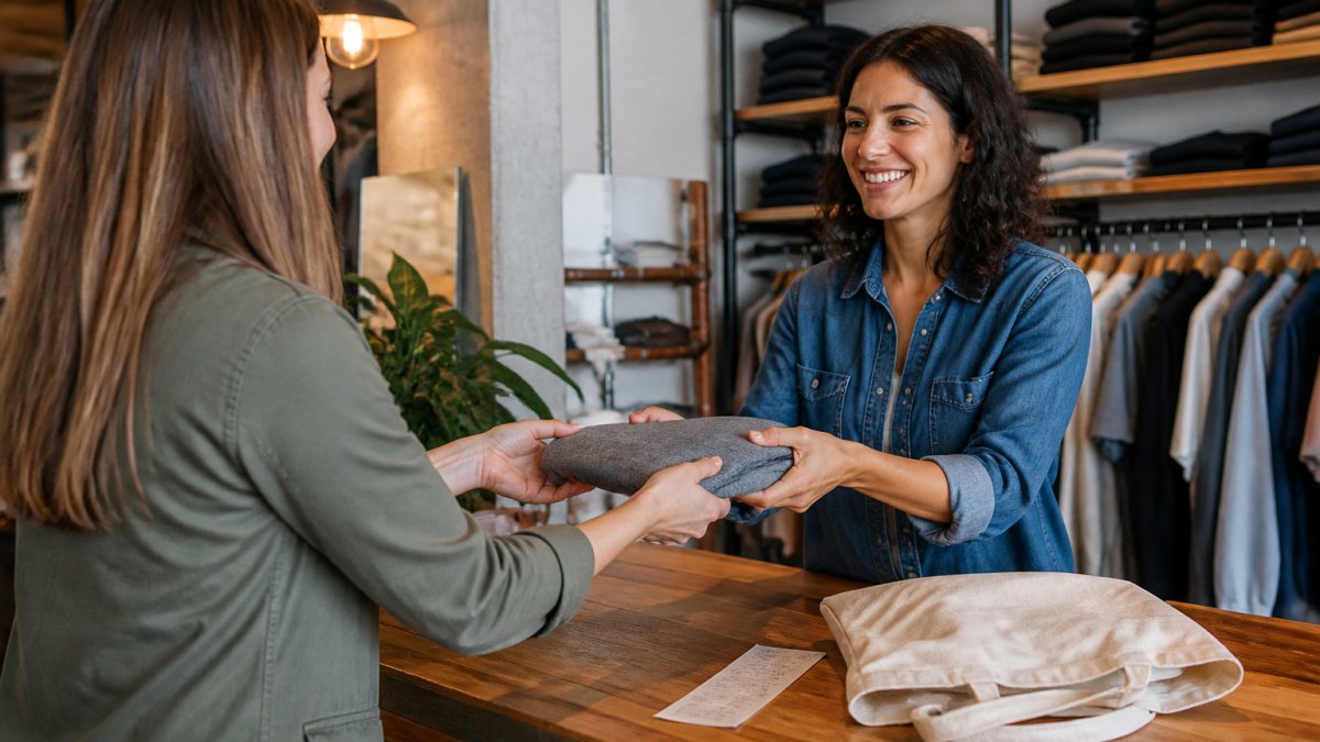 A person handing a folded t-shirt across a shop counter to a smiling assistant, with a reusable cotton tote bag resting on the counter beside a paper receipt