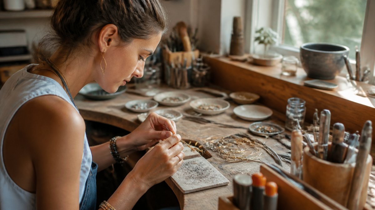 Close-up of jeweler's hands carefully working with gold wire and beads on a workbench, detailed metalwork in progress with natural window lighting
