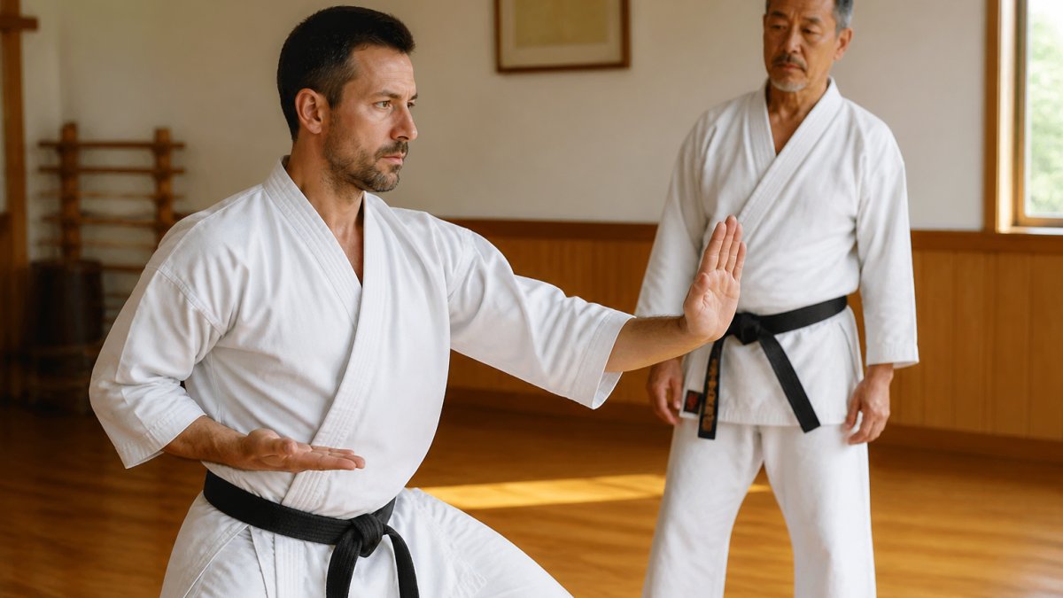 Adult student in a defensive stance learning the benefits of Shorin Ryu karate from an instructor in a dojo.