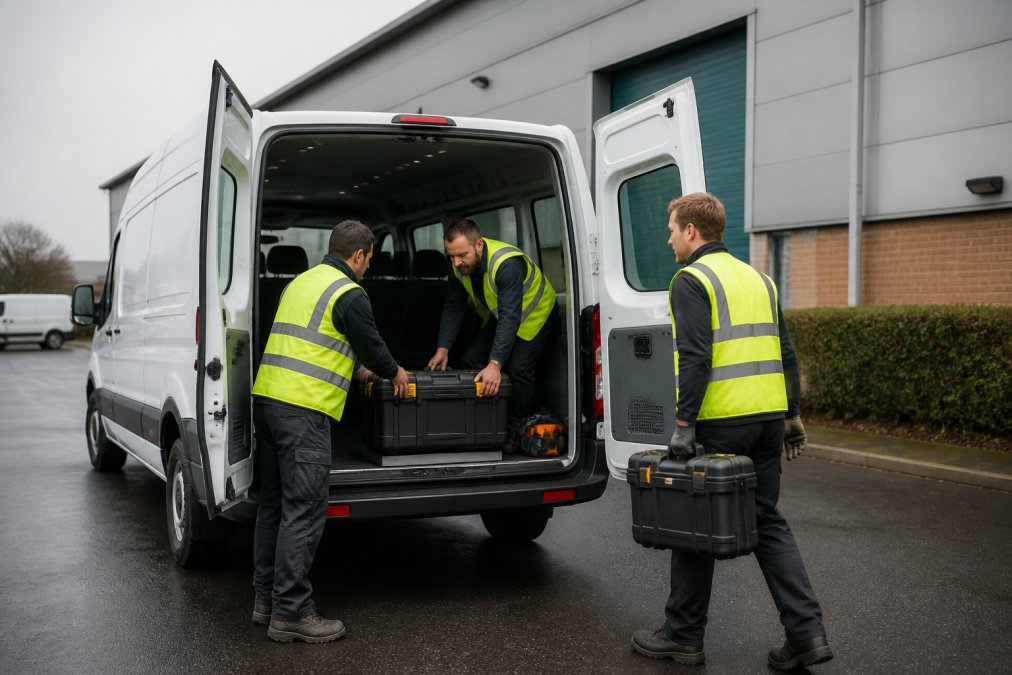A crew of three workers in high-visibility vests loading tools into the back of a clean white crew van parked outside a UK commercial unit on an overcast morning